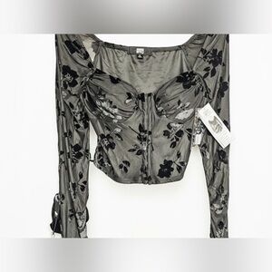 Steve Madden Cropped Corset Black Floral Long Sleeve Top Size Small NWT